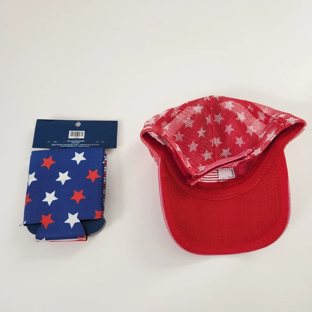July 4th American Flag Koozie Can Cooler & Red Star Mesh Trucker Hat Set NEW